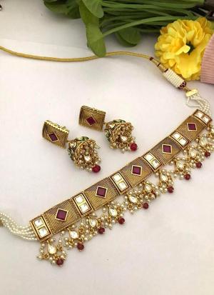 Red & White Gemstone Gold Choker Necklace Set with Matching Earrings