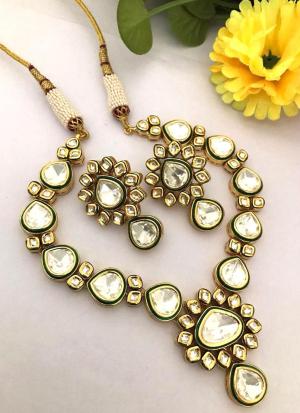 Green & White Gemstone Gold Necklace with Woven Cord