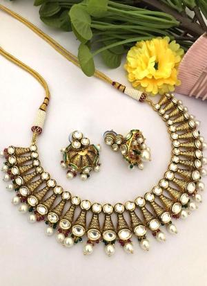 White Pearl & Gold Choker Necklace Set with Matching Jhumka Earrings