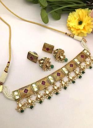Green Drops & White Gemstone Gold Choker Necklace Set with Matching Earrings