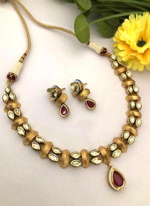 Gold Choker Necklace with White Gemstones & Red Pendant
