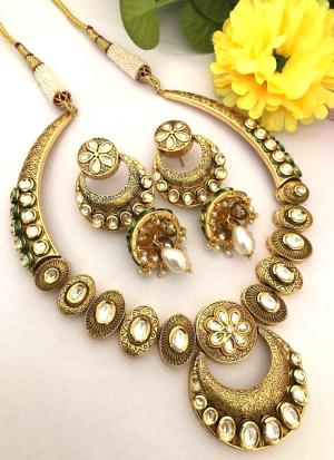 Gold Choker Necklace with White Oval Gemstones & Pearl Accents