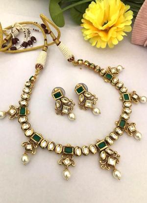 Green & White Square Gemstone Gold Choker Necklace Set with Matching Earrings