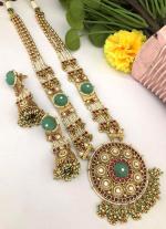 Green & White Gemstone Gold Long Necklace Set with Matching Earrings