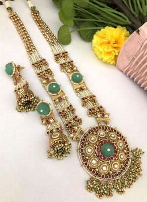 Green & White Gemstone Gold Long Necklace Set with Matching Earrings