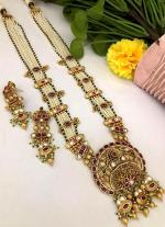 Red & Green Gemstone Gold Long Necklace Set with Matching Earrings