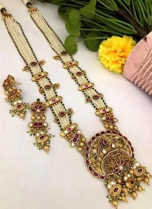 Red & Green Gemstone Gold Long Necklace Set with Matching Earrings