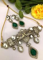 Green & White Gemstone Gold Designer Choker Necklace Set with Matching Earrings