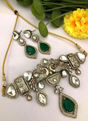Green & White Gemstone Gold Designer Choker Necklace Set with Matching Earrings