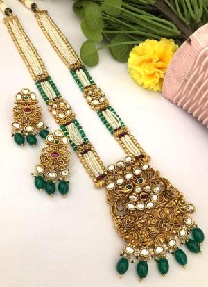 Traditional Bridal Green & White Gemstone Gold Long Necklace Set