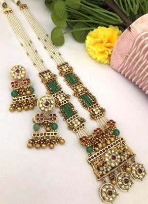 Gold Long Necklace Set with Matching Earrings with Hanging Beads