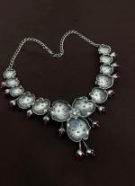 Floral Silver Necklace with Red Beads