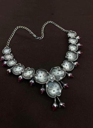 Floral Silver Necklace with Red Beads