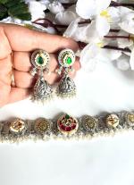 Circular Motifs Silver Choker Necklace Set with Matching Earrings