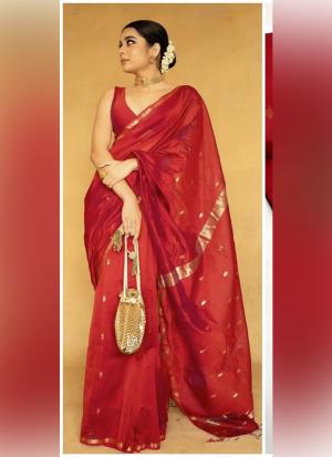 Red Silk Cotton Saree with Sleek Borders & Contrast Pallu