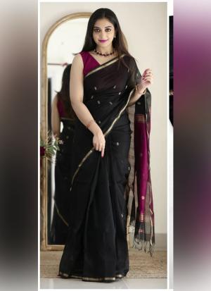 Black And Purple Silk Cotton Saree with Sleek Borders & Contrast Pallu