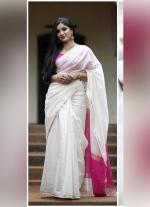 White Silk Cotton Saree with Pink & Gold Border