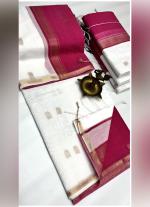 White Silk Cotton Saree with Pink & Gold Border