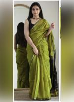Light Green Silk Cotton Saree with Contrast Pallu & Sleek Borders