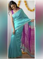 Sea Green Silk Cotton Saree with Sleek Borders & Contrast Pallu