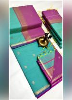 Sea Green Silk Cotton Saree with Sleek Borders & Contrast Pallu