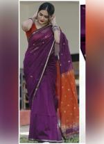 Purple Orange Silk Cotton Saree with Sleek Borders & Contrast Pallu
