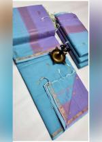 Sky Blue Silk Cotton Saree with Sleek Borders & Contrast Pallu
