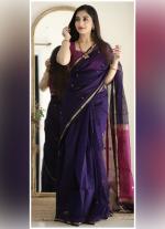 Dark Purple Silk Cotton Saree with Pink & Gold Border