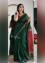 Green Silk Cotton Saree with Red & Gold Border