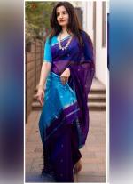 Blue Silk Cotton Saree with Silver Border & Contrast Pallu
