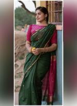 Green Silk Cotton Saree with Maroon & Gold Border