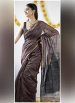 Brown Silk Cotton Saree with Golden Border & Contrast Pallu