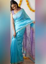 Blue Silk Cotton Saree with Lavender & Gold Border