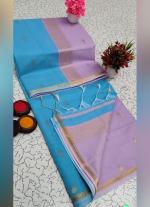 Blue Silk Cotton Saree with Lavender & Gold Border
