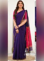 Purple Silk Cotton Saree with Golden Border & Contrast Pallu