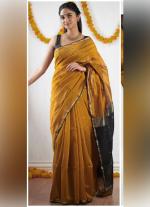 Mustard Silk Cotton Saree with Golden Border & Contrast Pallu