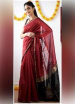Dark Red Silk Cotton Saree with Golden Border & Contrast Pallu
