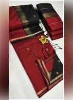 Dark Red Silk Cotton Saree with Golden Border & Contrast Pallu
