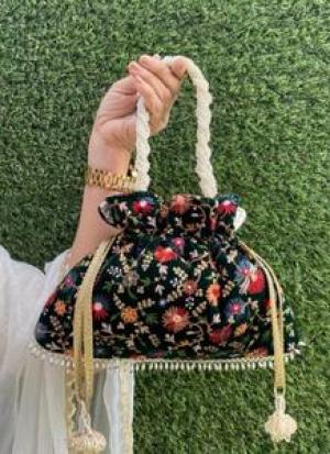 Dark Green Floral Potli