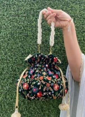 Dark Green And Golden Floral Potli