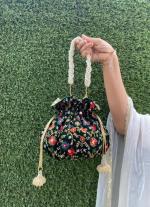 Dark Green And Golden Floral Potli