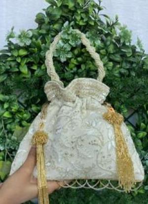 Golden And Light Beige Beaded Potli