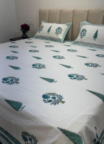 Teal And Green Hand Block Printed BedSheet