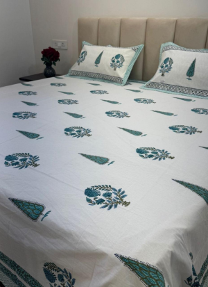 Teal And Green Hand Block Printed BedSheet