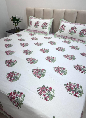Green And Pink Floral Hand Block Printed BedSheet