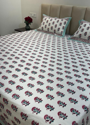 Red And Green Hand Block Printed BedSheet
