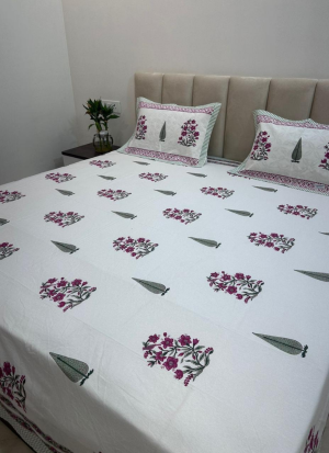Green And Pink Hand Block Printed BedSheet