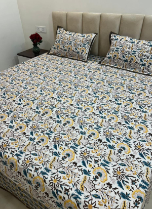 White And Yellow Hand Block Printed BedSheet