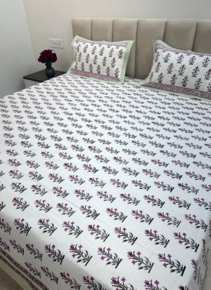 Pink Floral Hand Block Printed BedSheet