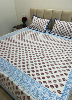 Red and Blue Hand Block Printed Bed Sheet